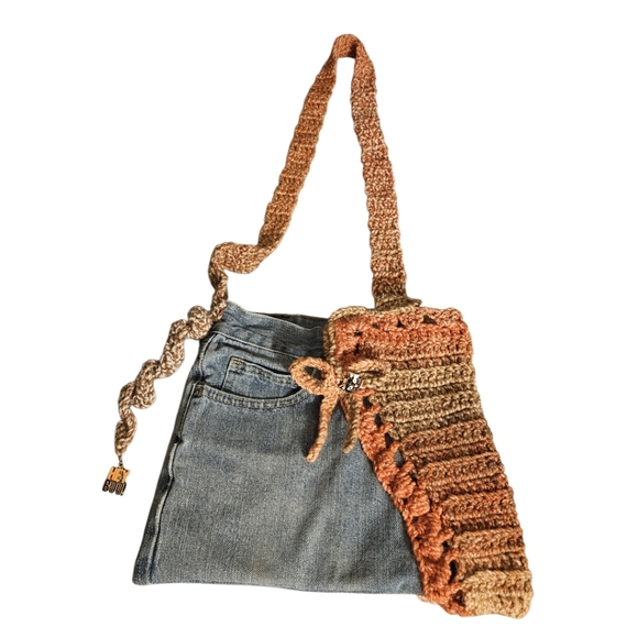 Upcycled Handbags - Handmade Halloween Upcycled Jean Crochet Crossbody Bag  Eco-Friendly Fall Purse